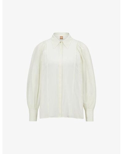 BOSS Point-collar Gathered-shoulders Silk Blouse - White