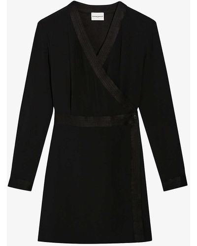 Claudie Pierlot Wrap-silhouette Satin-panel Woven Mini Dress - Black