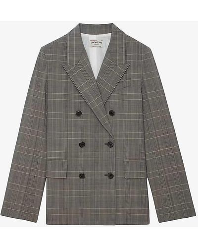 Zadig & Voltaire Vaena Double-breasted Checked Wool Blazer - Grey
