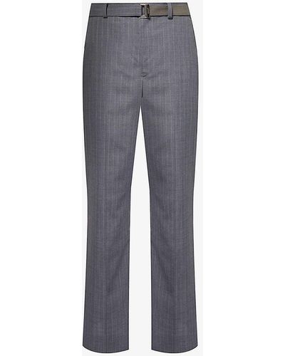 Sacai Chalk Stripe Buckle-belt Relaxed-fit Wide-leg Woven Trousers - Blue