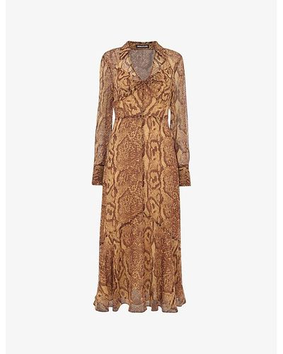 Whistles Serpent Graphic-print Long-sleeve Woven Midi Dress - Brown