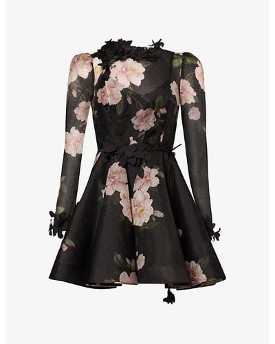 Zimmermann Floral-pattern Linen And Silk-blend Mini Dress - Black