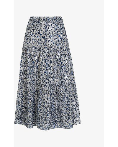 Whistles Animal-print Tiered Cotton-blend Midi Skirt - Blue