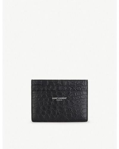 Saint Laurent Branded Crocodile-embossed Leather Card Holder - Black