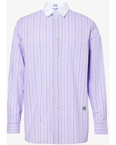 Loewe Brand-embroidered Pleated-cuff Relaxed-fit Cotton-poplin Shirt - Purple