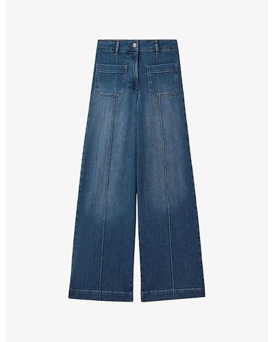 Reiss Kira Contrast-stitch Wide-leg Mid-rise Cotton-blend Jeans - Blue