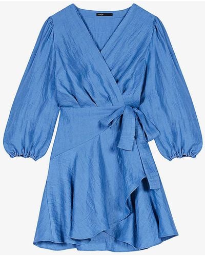 Maje Wrap-front Linen-blend Mini Skirt - Blue