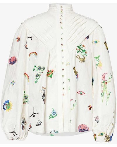 ALÉMAIS Atticus Graphic-embroidered Linen Shirt - White