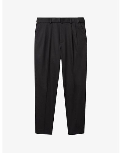 Reiss Liquid Pleated Tapered-leg Stretch Cotton-blend Trousers - Black