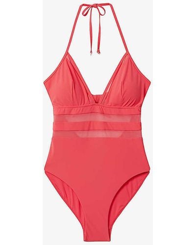 Reiss Hope Mesh-insert Tie-neck Stretch-cotton Swimsuit - Red