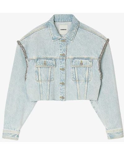 Sandro Crystal-embellished Cropped Denim Jacket - Blue