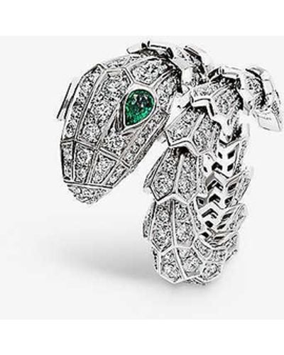 BVLGARI Serpenti Tubolari 18ct White-gold, 3.75ct Brilliant-cut Diamond And 0.26ct Emerald Ring