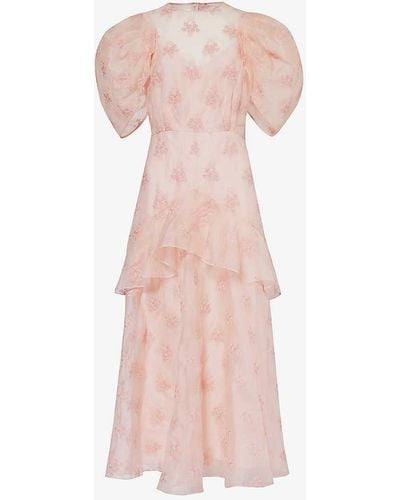Erdem Floral-embroidered Puff-sleeve Silk Maxi Dress - Pink