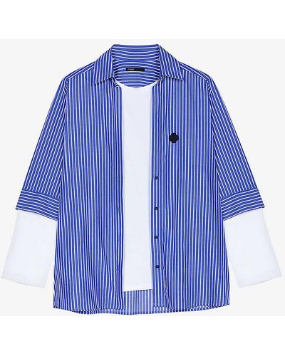 Maje Liago Logo-embroidered Stripe-pattern Layered Cotton T-shirt Shirt - Blue