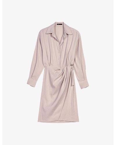 Maje Open-collar Belted-waist Stretch Linen-blend Mini Dress - Pink