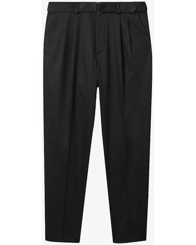 Reiss Liquid Pleated Tapered-leg Stretch Cotton-blend Trousers - Black