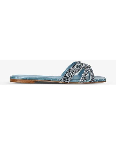 Gina Portland Crystal-embellished Croc-embossed Leather Sandals - Blue