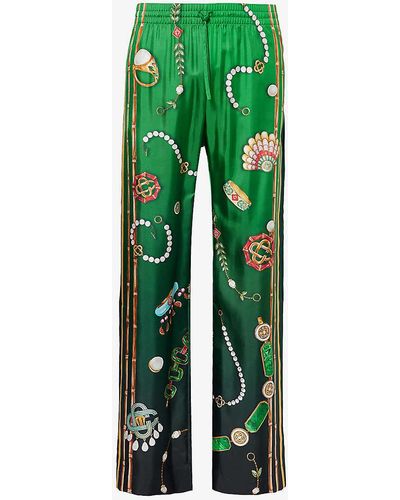 Casablancabrand Graphic-print Relaxed-fit Straight-leg Silk Trousers - Green