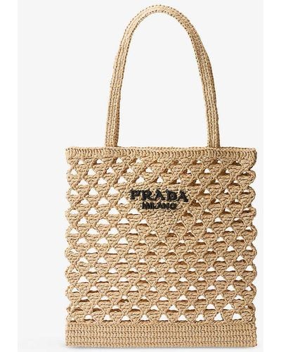 Prada Logo-embroidered Crochet Tote Bag - Natural