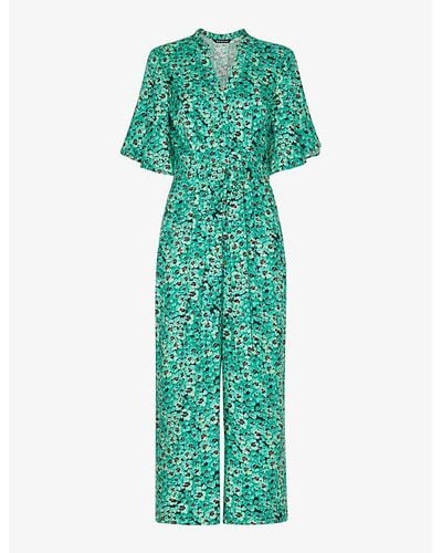 Whistles Floral-print Flutter-sleeve Woven Jumpsuit - Green