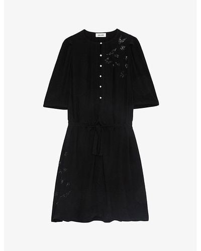 Zadig & Voltaire Rodji Round-neck Puff-sleeve Regular-fit Woven Mini Dress - Black
