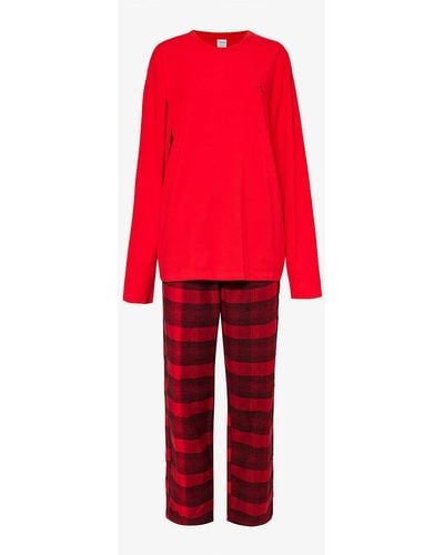 Calvin Klein Check-print Long-sleeved Cotton Pyjama Set X - Red