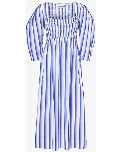 Ganni Striped Balloon-sleeve Organic-cotton Midi Dress - Blue