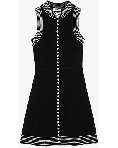 Sandro Contrast-stitch Slim-fit Sleeveless Stretch-knit Mini Dress - Black