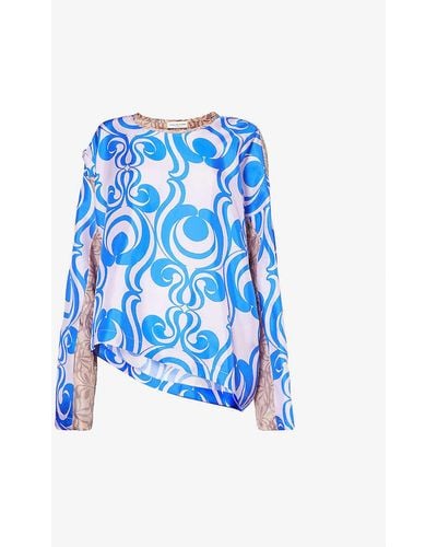 Dries Van Noten Abstract-pattern Relaxed-fit Silk Top - Blue