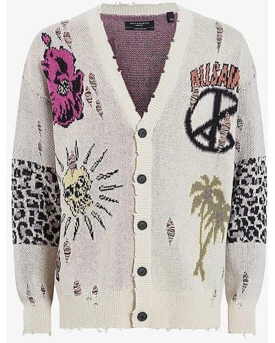 AllSaints Motive Jacquard-pattern Relaxed-fit Organic-cotton Cardigan - White