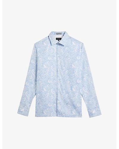 Ted Baker Mullen Graphic-print Long-sleeved Stretch-cotton Shirt - Blue