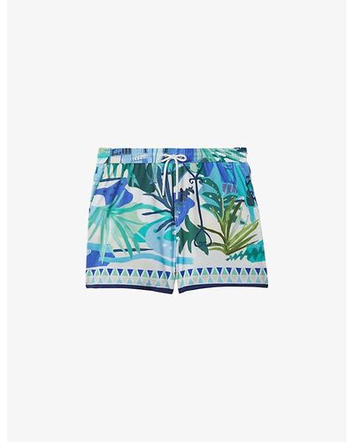 Reiss Greenhuwai Tropical-print Regular-fit Stretch Recycled-polyester Swim Shorts - Blue