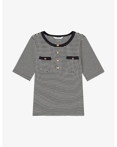 LK Bennett Charlie Button-neck Stripe Stretch-cotton T-shirt X - Gray