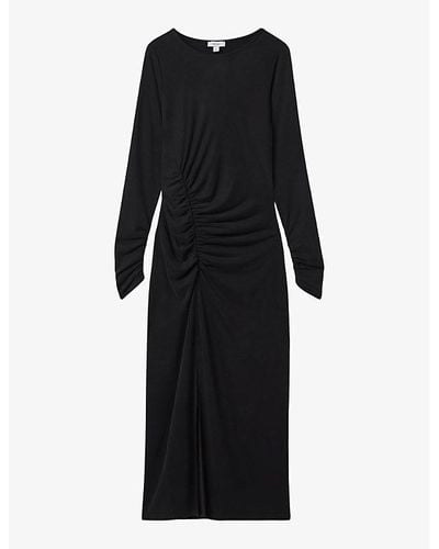 Reiss Lana Ruched-detail Long-sleeve Jersey Midi Dress - Black
