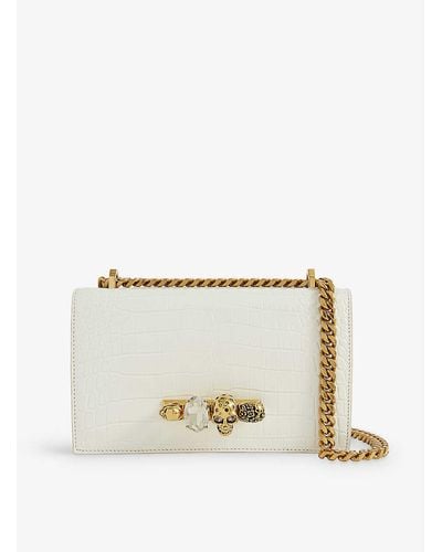Alexander McQueen Skull And Jewel-embellished Croc-embossed Leather Cross-body Bag - Natural