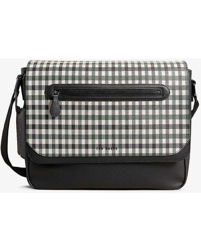 Ted Baker Vy Portrey Checked Zip-pocket Faux-leather Messenger Bag - Black
