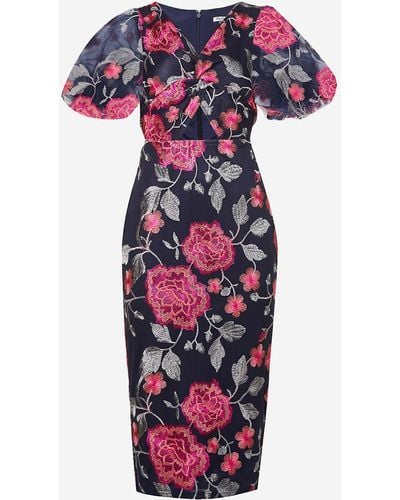 Chi Chi London Floral-embroidered Puff-sleeved Woven Midi Dress - Multicolor