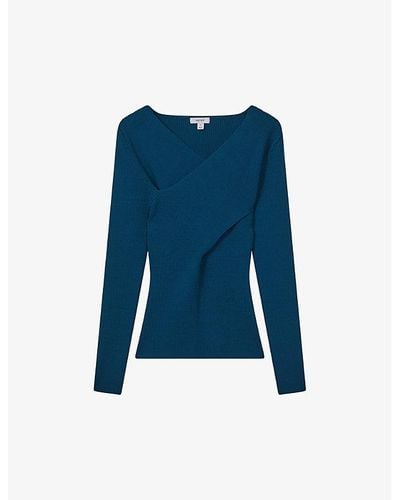 Reiss Heidi Wrap-over Stretch Knitted-blend Top X - Blue