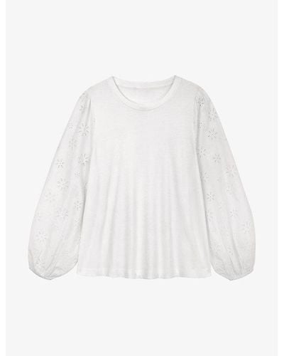 The White Company Broderie-sleeve Regular-fit Organic-cotton Top - White