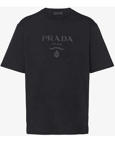 Prada Brand-embroidered Boxy-fit Cotton T-shirt - Blue