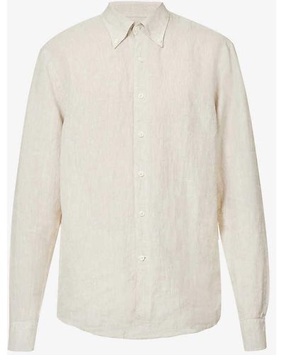 Oscar Jacobson Button-down Pleated-cuff Regular-fit Linen Shirt - White