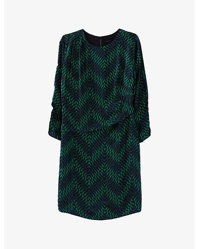 IKKS Geometric-print Gathered-waist Woven Mini Dress - Green