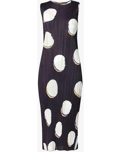 Pleats Please Issey Miyake Abstract-pattern Round-neck Knitted Midi Dress - White