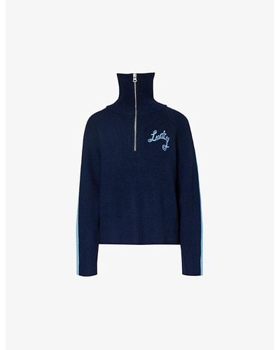 Bella Freud Lucky Text-embroidered Wool-blend Sweater - Blue