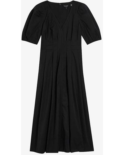 Ted Baker Ledra V-neck Puff-sleeve Stretch-cotton Midi Dress - Black