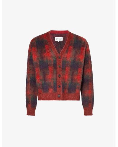 Maison Margiela V-neck Check-pattern Wool-blend Cardigan - Red
