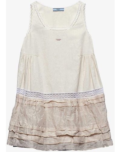 Prada Antique-skirt Linen Mini Dress - White