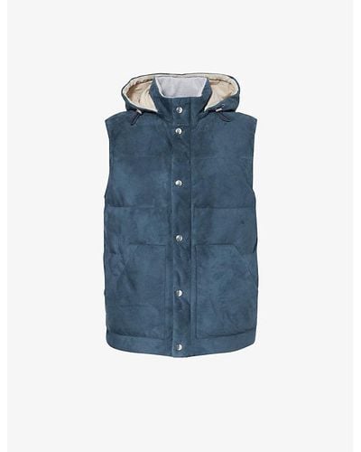 Eleventy Detachable-hood Quilted Suede Down-gilet - Blue