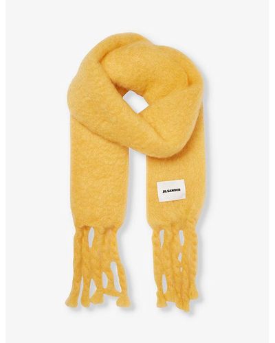 Jil Sander Logo-patch Fringed-edge Wool-blend Scarf - Yellow