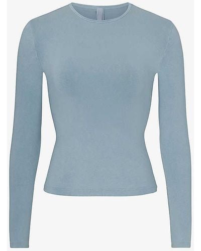 Skims New Vintage Long-sleeve Cropped Stretch-cotton T-shirt X - Blue